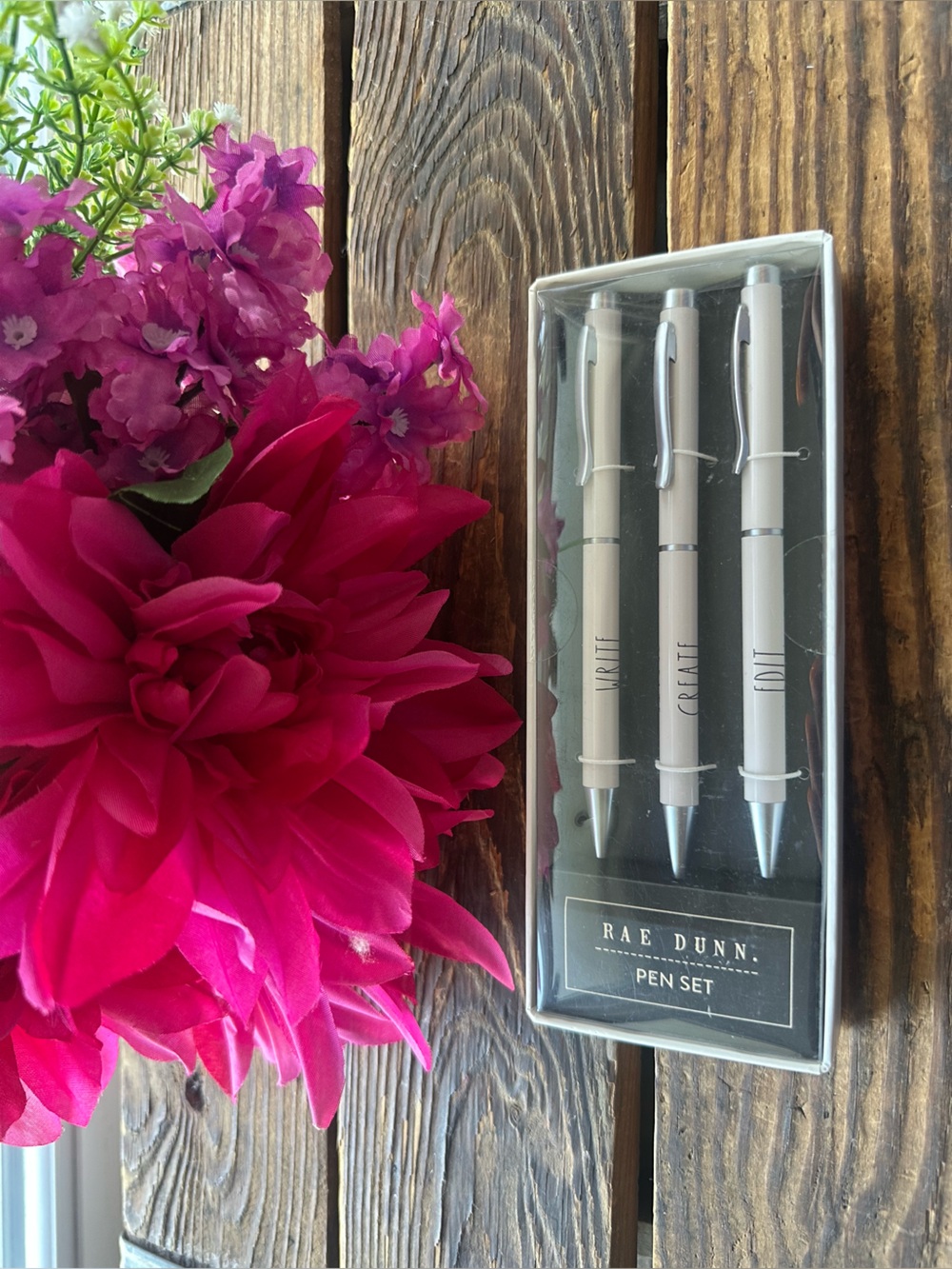 Rae Dunn Neutral Tone 3-Piece Pen Set with Stainless Accents ~ Black Ink ~ New